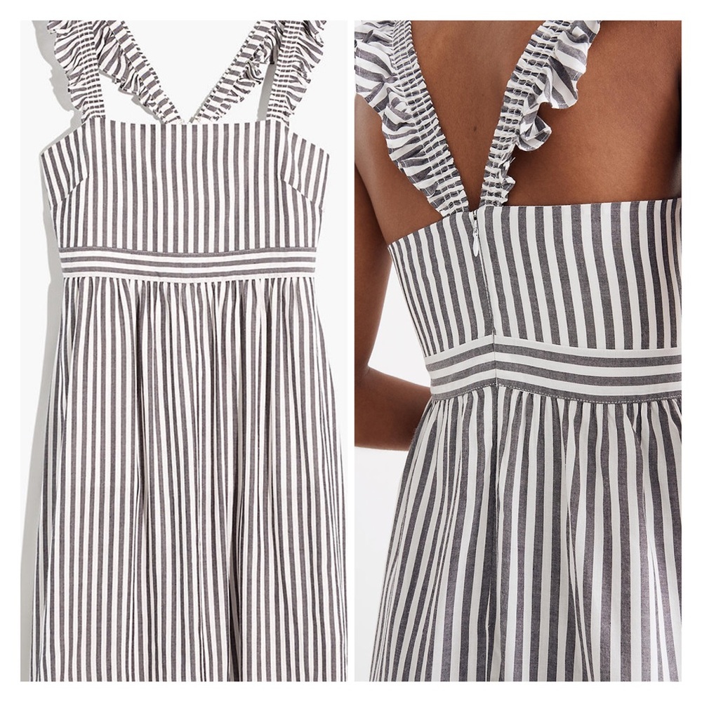 Madewell Babydoll Bahama Striped Black Coal Ruffle Cross Strap Empire Dress 14